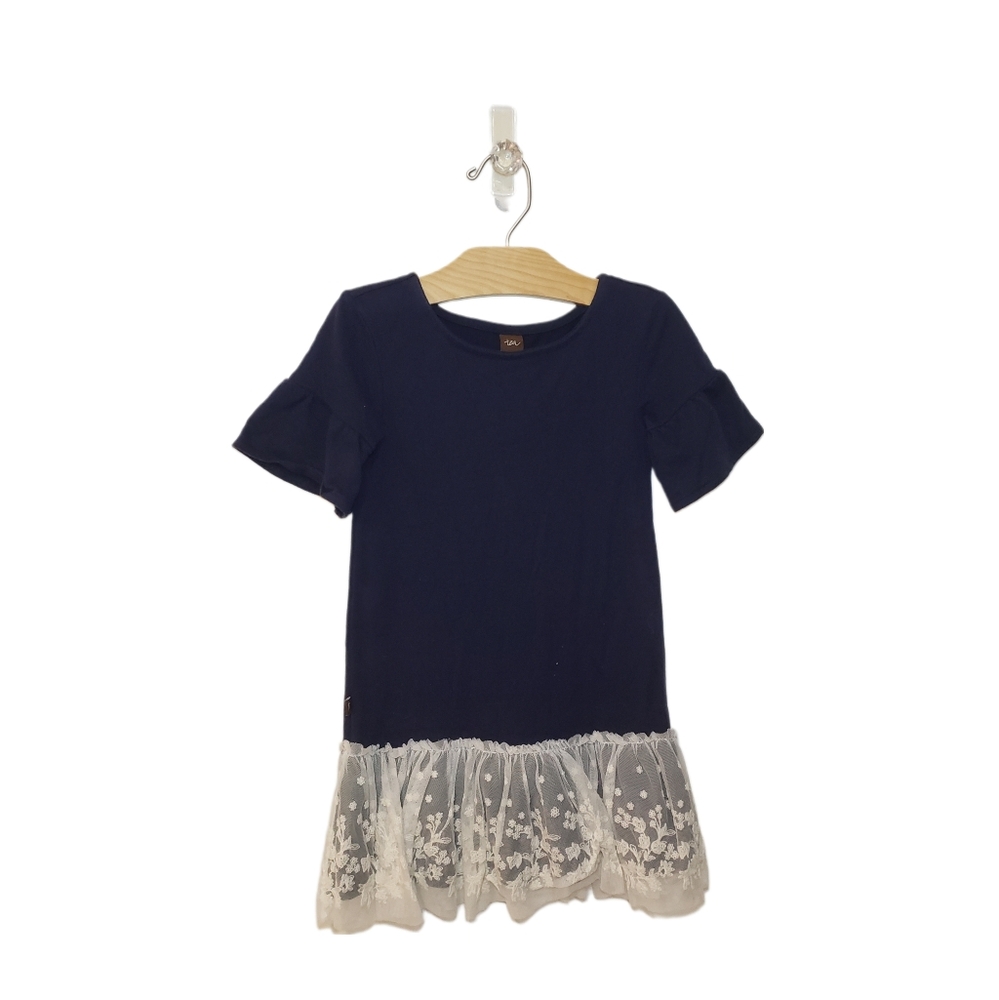 Tea Collection Size 5 Girls Navy Ruffle Sleeve Lace Hem Dress